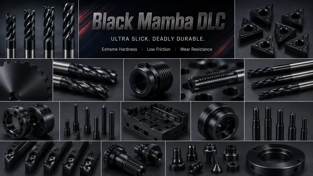 Black Mamba — Black Titanium-Doped DLC (Ti-DLC) for Cutting Tools coating shown on real parts