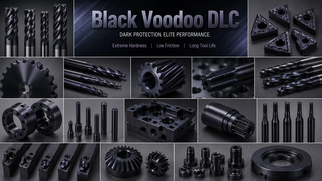 Black Voodoo — Black PECVD Diamond-Like Carbon (DLC) coating shown on real parts