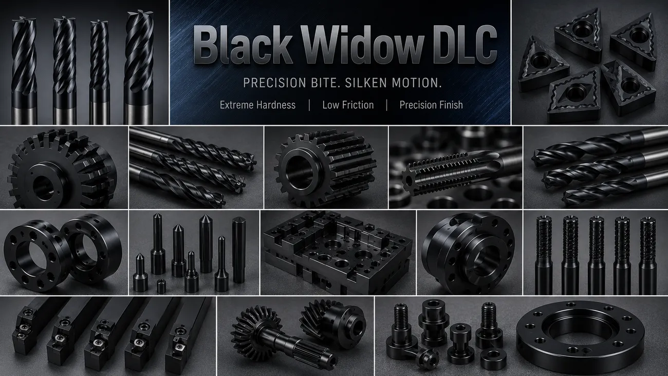 Black Widow — Black Sputtered Chromium-Doped DLC (Cr-DLC) coating shown on real parts
