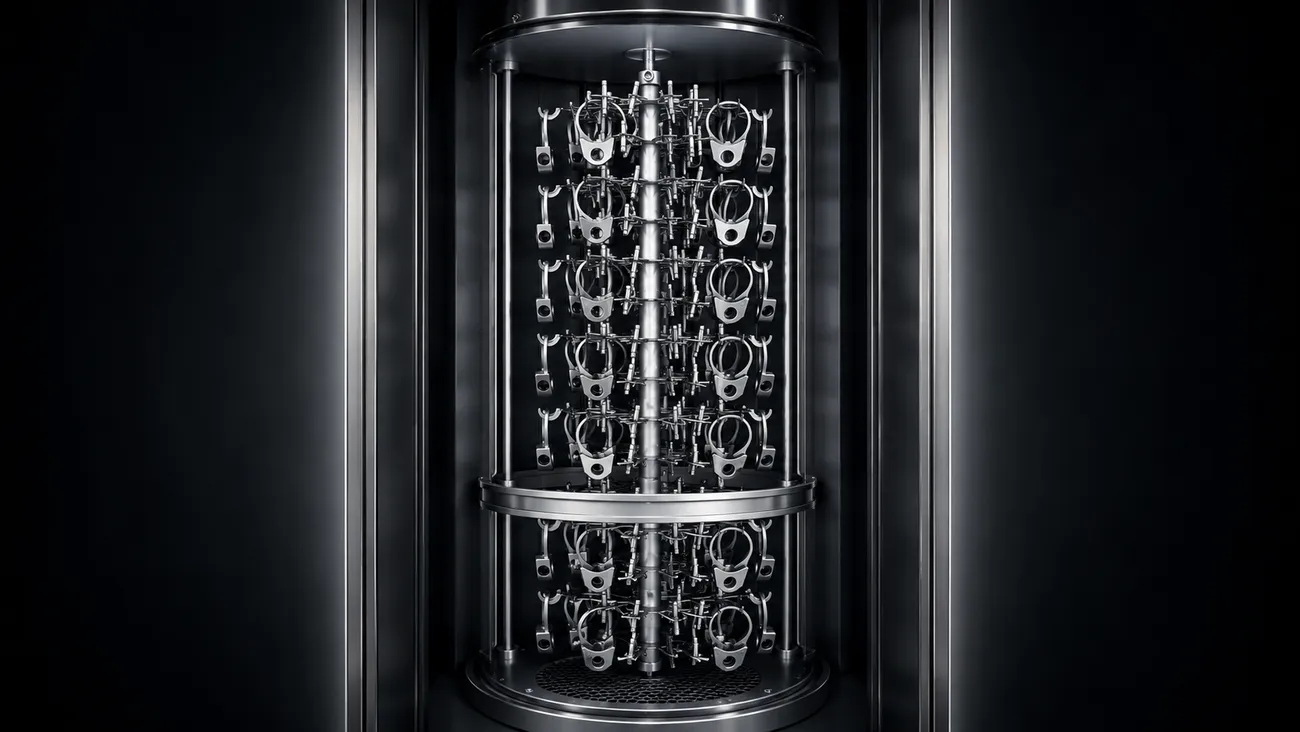Customer parts carefully loaded on fixtures inside the PVD coating chamber